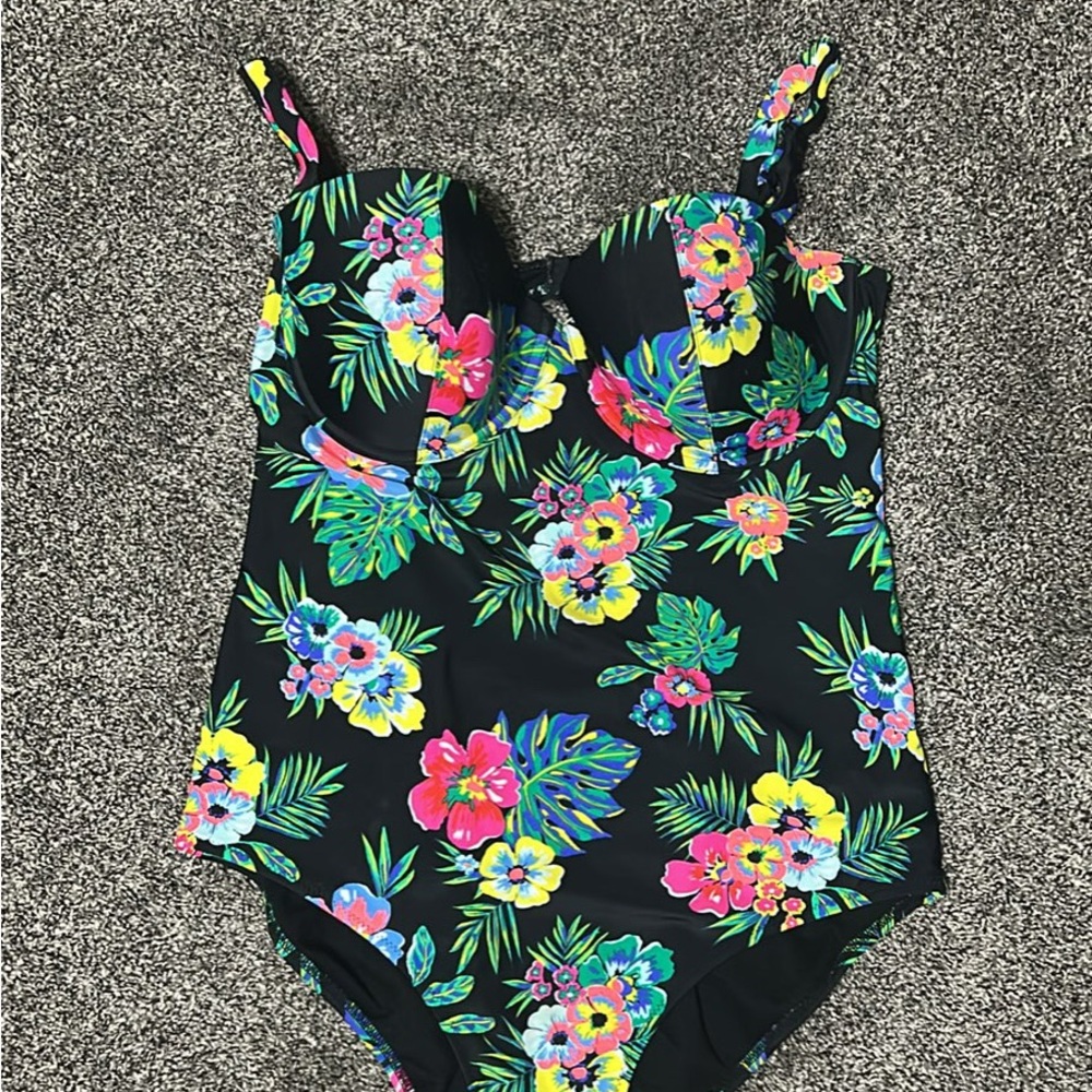 Old Navy Black and Pink One Piece Swimsuit Tropical Floral